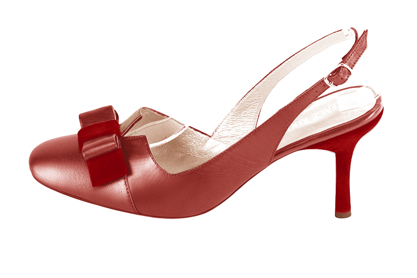 Cardinal red women's open back shoes, with a knot. Round toe. High slim heel. Profile view - Florence KOOIJMAN